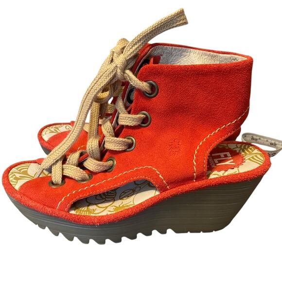 Fly London Yaba Tomato Red Suede Ankle Lace Up Wedges size 36 US 6 - Picture 4 of 9